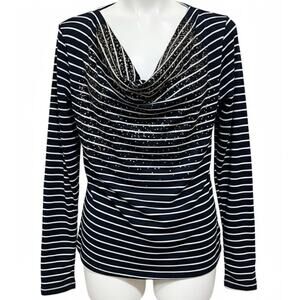 BLEU Top L Black White Gold Stripe Drape Neck Long Sleeve Office Made in USA